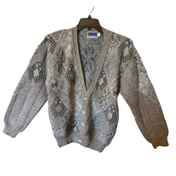 Sweater Graphix Vtg Mens Diamond Pattern Chunky Knit Cardigan Sz L Grandpa USA - Picture 1 of 10